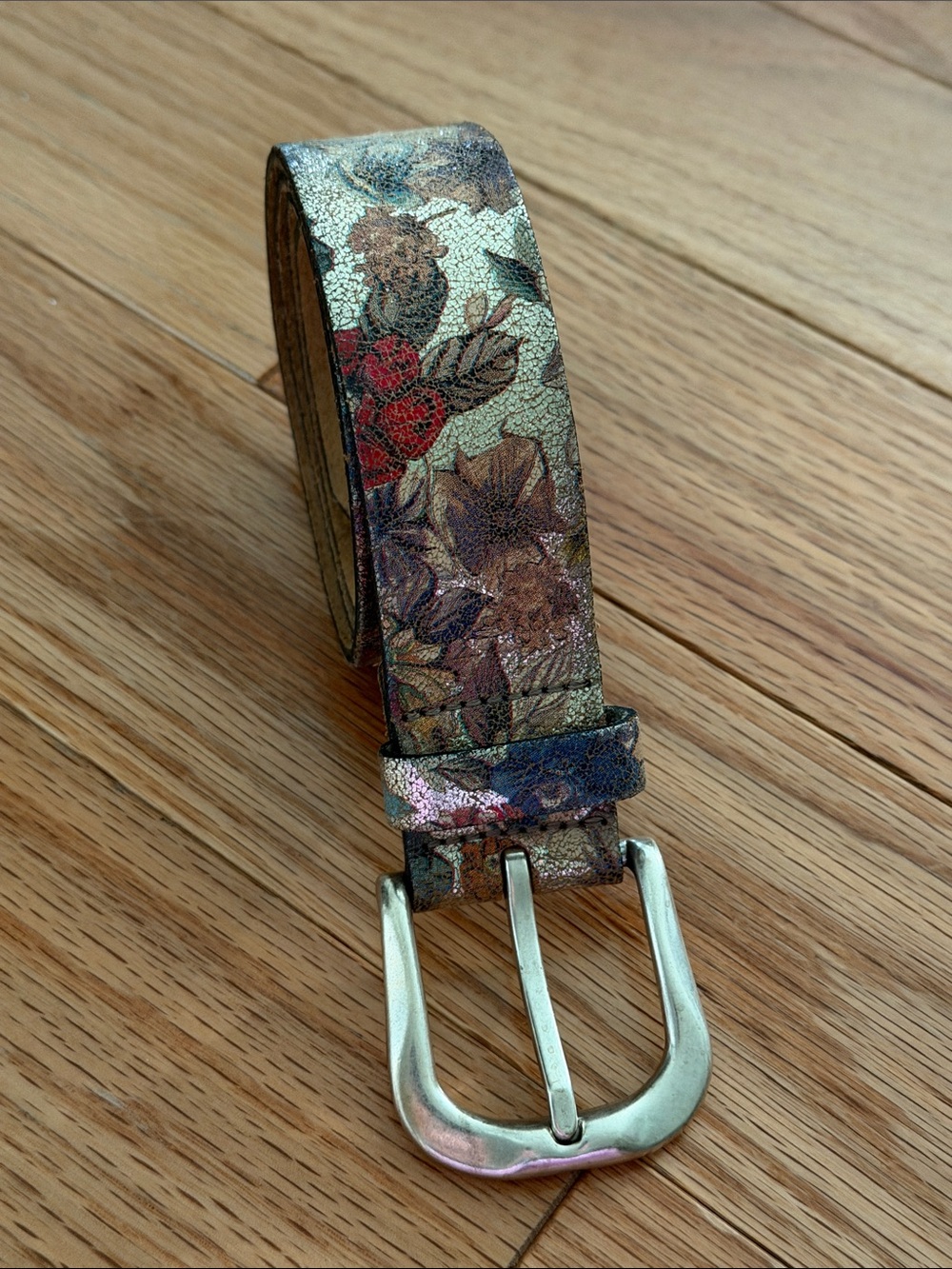 Stanley Metallic Floral Leather Belt in Gold, Red, Blue and Brown